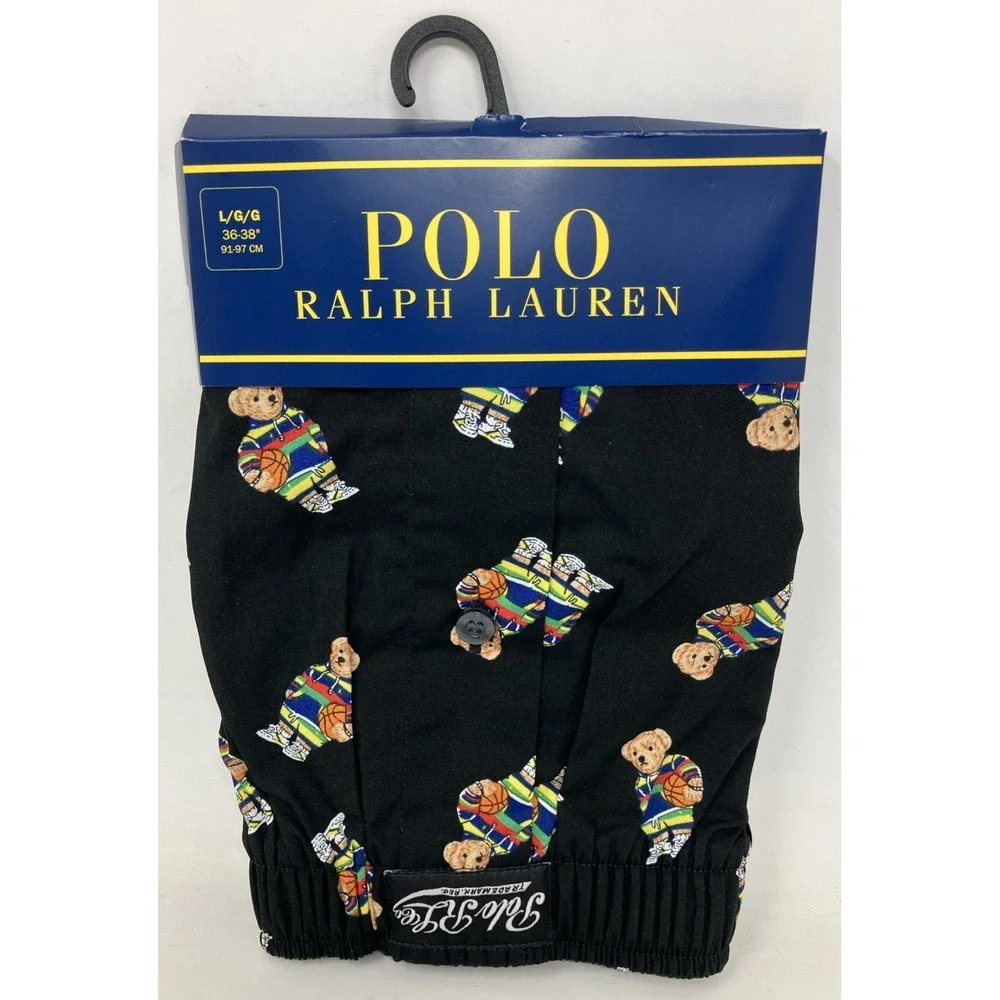 Polo Ralph Lauren Basketball Bear Logo 100% Cotton Black Boxers Men's Large NEW